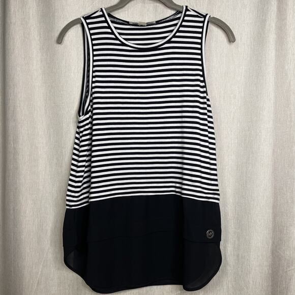 Michael Kors Top Women’s Sz Small -Black & White Striped Layered Look Sleeveless - Picture 1 of 5